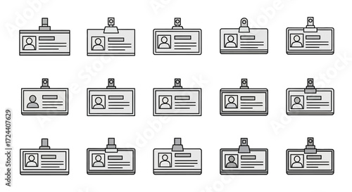 Fifteen grey identification badges with placeholders for a photo and text, arranged in rows.