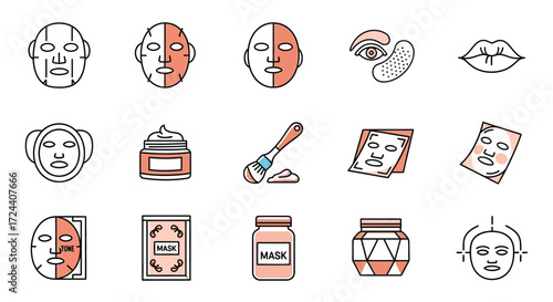 Set of icons depicting various skincare treatments, including masks, eye patches, and lip care products in a minimalist style.