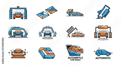 Set of twelve vector icons showing various car wash processes and automatic car wash services.