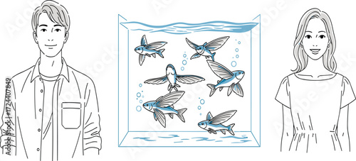 Young man and woman standing near aquarium with flying fish, creative illustration of people watching unique fish tank concept art