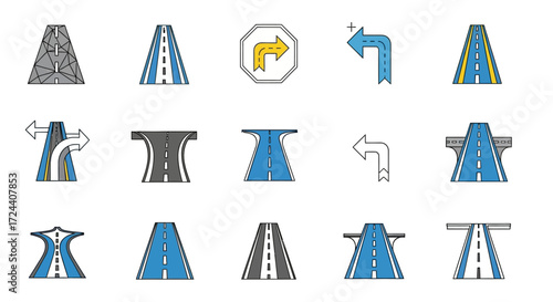 Collection of various highway and road icons, showing different road configurations and signs.