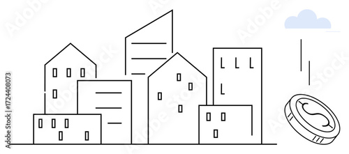City skyline of diverse buildings with falling coin symbolizing financial growth, property investments, and urban development. Ideal for real estate, economy, business, banking, savings, urban