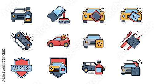 Collection of colorful car detailing icons, showing various car care services and products.