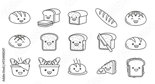 Cute cartoon bread collection: various loaves, slices, and pastries with happy faces.