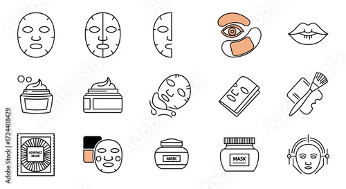 A collection of minimalist line icons depicting various beauty and skincare products and treatments.