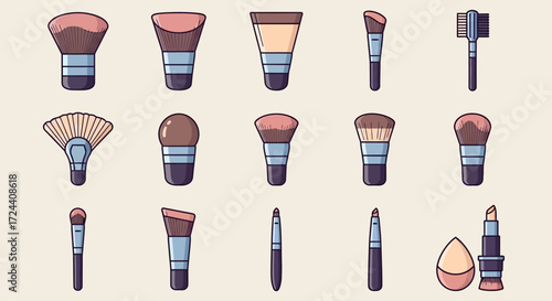 Illustration of various makeup brushes and a sponge applicator on a light background.