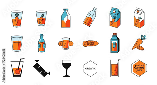 Collection of vector illustrations depicting carrot juice in various containers and glasses, with an "organic" label.