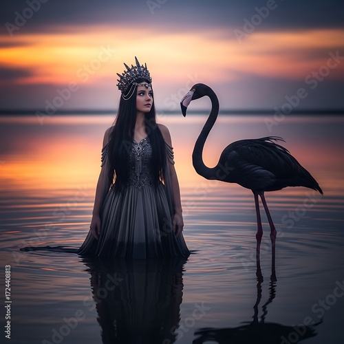 A woman in a flowing, dusky-gray gown, wading in calm water, stands beside a striking black flamingo at sunset.