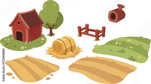Cartoon Farm Elements Barn Hay Fields Fence.