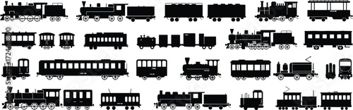 Collection of black silhouette train icons set, vintage steam locomotives, wagons, carriages, railway transport symbols for transportation design vector