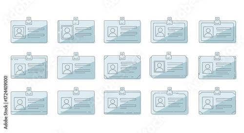 Collection of fifteen minimalist light-blue employee ID badges.