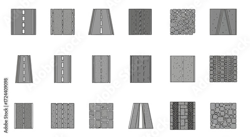 Collection of grayscale road surface textures and types for design elements.