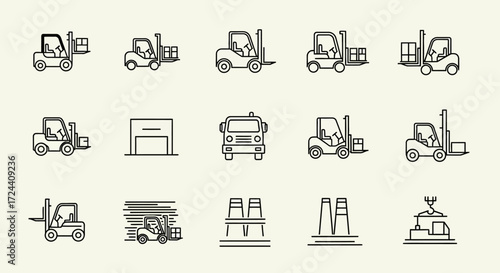 A collection of simple line-art icons depicting forklifts, trucks, warehouses, and industrial structures.