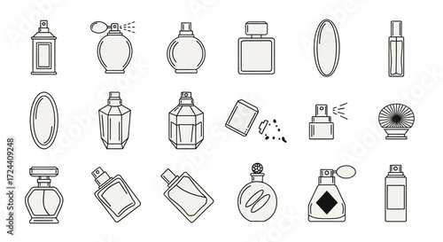 A collection of diverse perfume bottle designs, illustrated in simple line art.