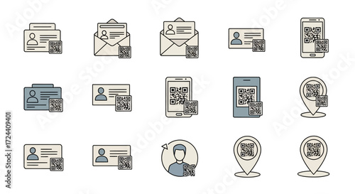 Collection of various icons showing personal identification, communication, and location with QR codes.