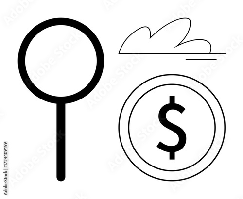 Magnifying glass emphasizing focus, dollar coin conveying finance, and cloud evoking creativity. Ideal for business, analysis, finance, online research, innovation, technology digital strategy