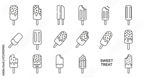 A collection of various ice pop illustrations, showing different stages of consumption and styles.