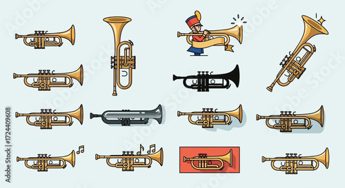 A collection of trumpet illustrations in various styles and colors, including a marching band musician.