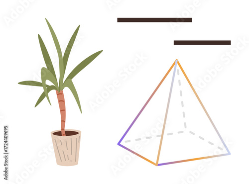 Potted leafy plant alongside a colorful outlined pyramid with dashed lines and balancing bars. Ideal for nature, geometry, balance, science, minimalism, education, design. Clean simple flat metaphor