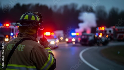Firefighter in protective gear communicating via radio at a nighttime emergency scene with flashing lights from fire trucks and police vehicles and smoke in the background.