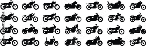 Collection of motorcycle vector icons, black silhouette design of motorbike, chopper, cruiser, scooter, vintage, modern, transportation illustration set