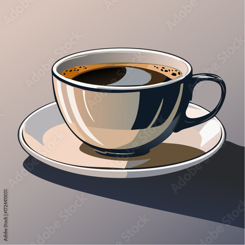 single coffee cup on a simple table; crisp Bézier paths for cup rim, handle, and tabletop edge; subtle radial gradient for drop shadow
