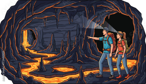 Adventure explorers discovering underground lava cave, hikers exploring volcanic tunnel, glowing magma landscape, hiking journey illustration, nature exploration travel artwork