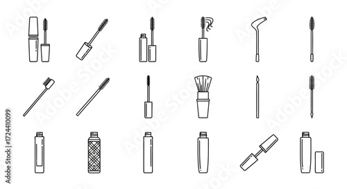 A collection of various mascara applicators and tubes, presented in a simple line drawing style.