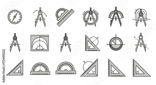 Collection of monochrome line art icons representing drafting tools and geometric instruments.