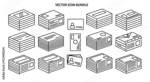 Isometric vector icons depicting stacked paper, envelopes, and identification cards in a bundle.