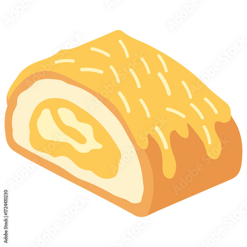Apple strudel pastry illustration with icing drizzle, perfect for dessert menu, bakery shop, cafe design, and sweet treat concept.
