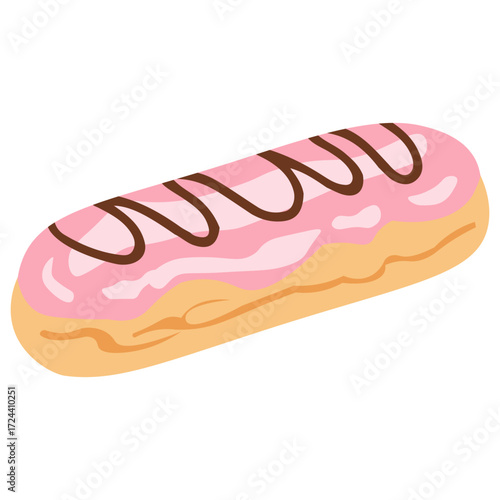 Pink icing eclair pastry illustration with chocolate drizzle, perfect for dessert menu, bakery, cafe, and sweet snack concept.
