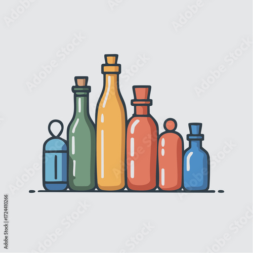  linear arrangement of singular objects on a plain background; crisp Bézier paths for each object outline