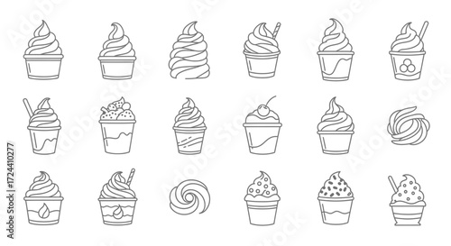 Collection of various ice cream and frozen yogurt treats in simple line art style.