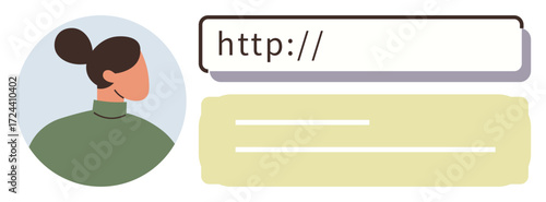 Woman profile avatar next to a web address bar and a text box. Ideal for networking, online identity, communication, internet, personal branding, web forms, and digital interfaces. Simple flat