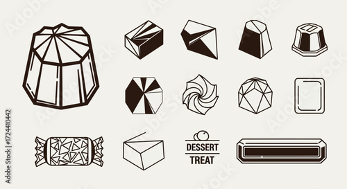 A collection of stylized chocolate confectionery designs, showcasing various shapes and packaging.