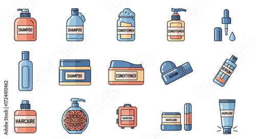 A collection of diverse shampoo, conditioner, and cosmetic product icons.