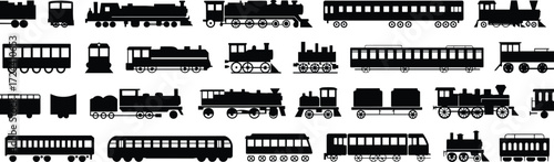 Collection of train silhouette vector icons, railway locomotive symbols, vintage steam engine illustration set, transportation elements for travel design projects