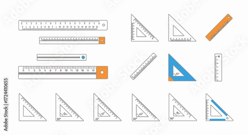 An assortment of rulers and set squares are displayed against a white background, showcasing various shapes and sizes.