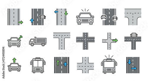 Collection of simple, graphic road and traffic icons, showing various intersections and vehicle directions.