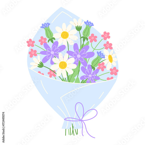 A bouquet of mixed wildflowers wrapped in pale blue paper