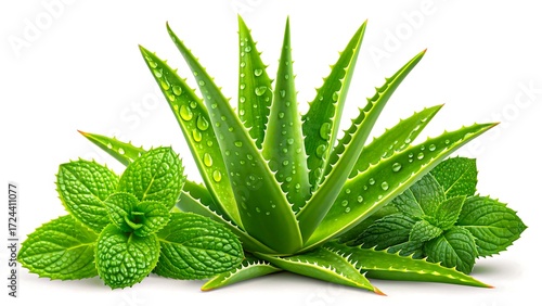 Aloe vera plant with fresh green mint leaves isolated