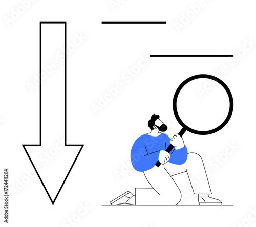 Man holding magnifying glass closely examining, next to large downward arrow. Ideal for research, observation, discovery, analytics, data analysis, problem-solving, simple flat metaphor
