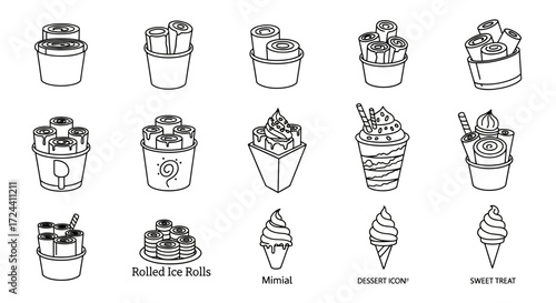 A collection of line drawings illustrating various rolled ice cream presentations, including different containers and toppings.