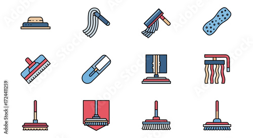 A collection of colorful cleaning tool icons, depicting various mops, squeegees, and sponges for household cleaning.