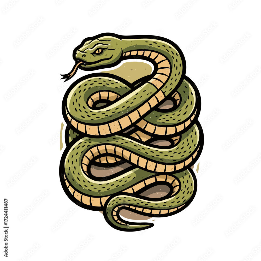 Obraz premium This striking vintage-style illustration depicts a coiled red snake with menacing fangs and a flickering tongue, embodying danger and ancient power.