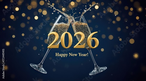 Two champagne glasses clinking to celebrate the new year 2026 with golden bokeh lights on a dark blue background, wishing a happy new year to everyone