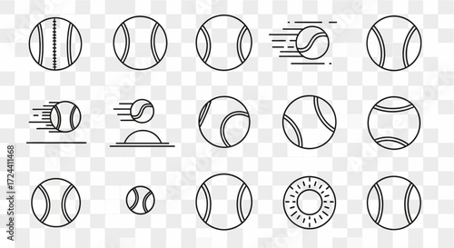 A collection of various tennis ball illustrations in a simple, minimalist style, showing different positions.