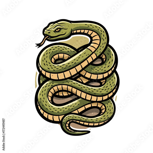 This striking vintage-style illustration depicts a coiled red snake with menacing fangs and a flickering tongue, embodying danger and ancient power.