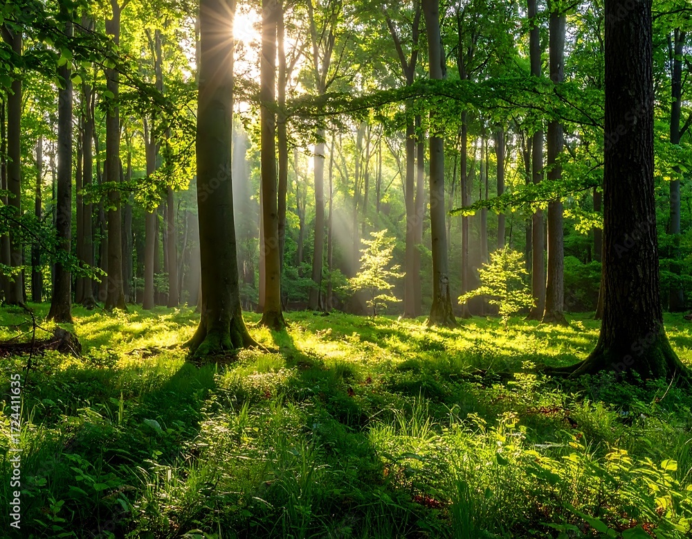 Obraz premium Sunlight streams through a lush forest (2)